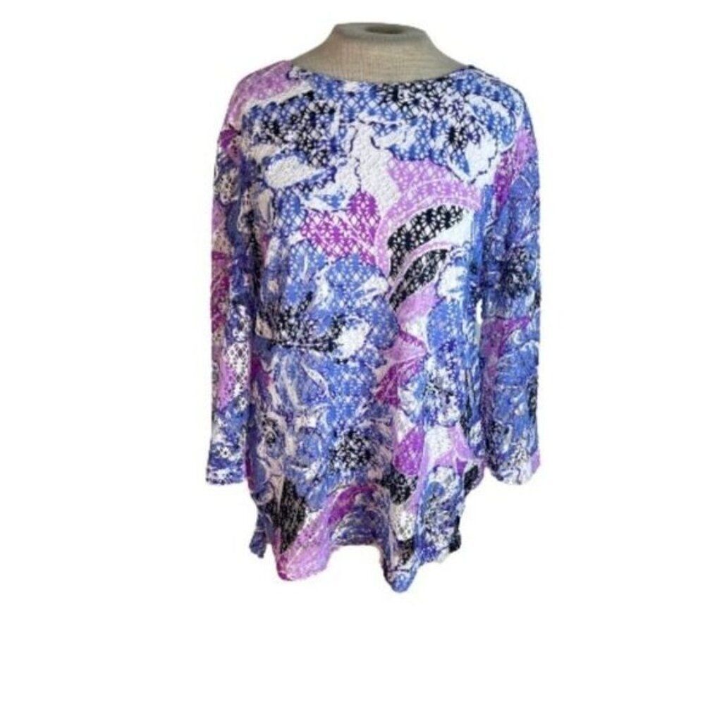 Links Floral Mesh Top Shirt Purple White M Medium
